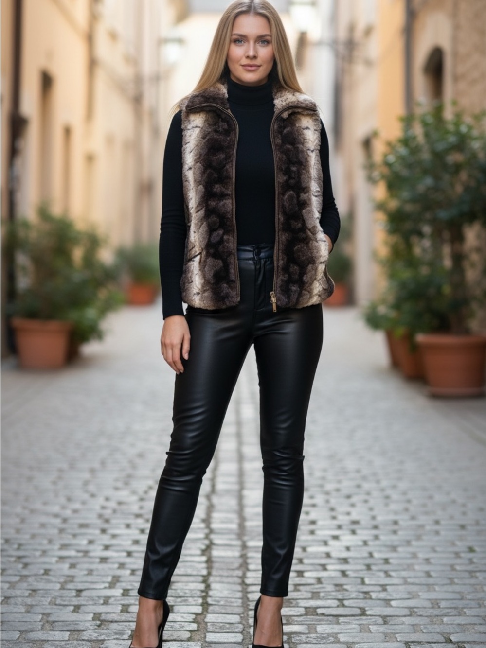 Faux Fur Zip Front Vest in Brown and Cream
